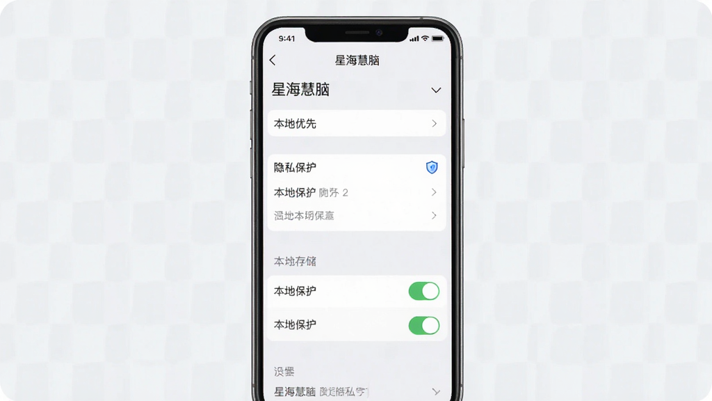一张展示「星海慧脑」数据与隐私设置页面的手机界面图,画面主体为设置列表与本地存储开关,布局纵向排列、层级清晰,风格素雅浅色,细节包含「本地优先」「隐私保护」文字标签与盾牌小图标,画质清晰干净、无多余元素
