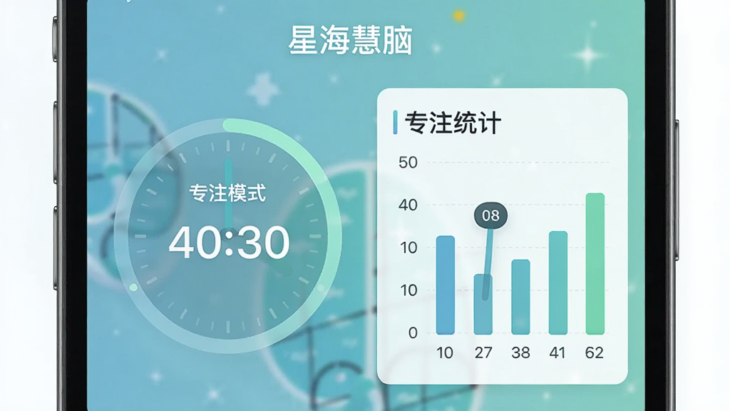 一张表现「星海慧脑」专注计时功能的界面示意图,画面主体为手机屏幕中的圆形倒计时环与专注统计柱状图,布局左右分栏、左侧计时右侧数据,风格清新简约,细节包含「专注模式」文字标签与柔和蓝绿色调,画质清晰干净、无多余元素