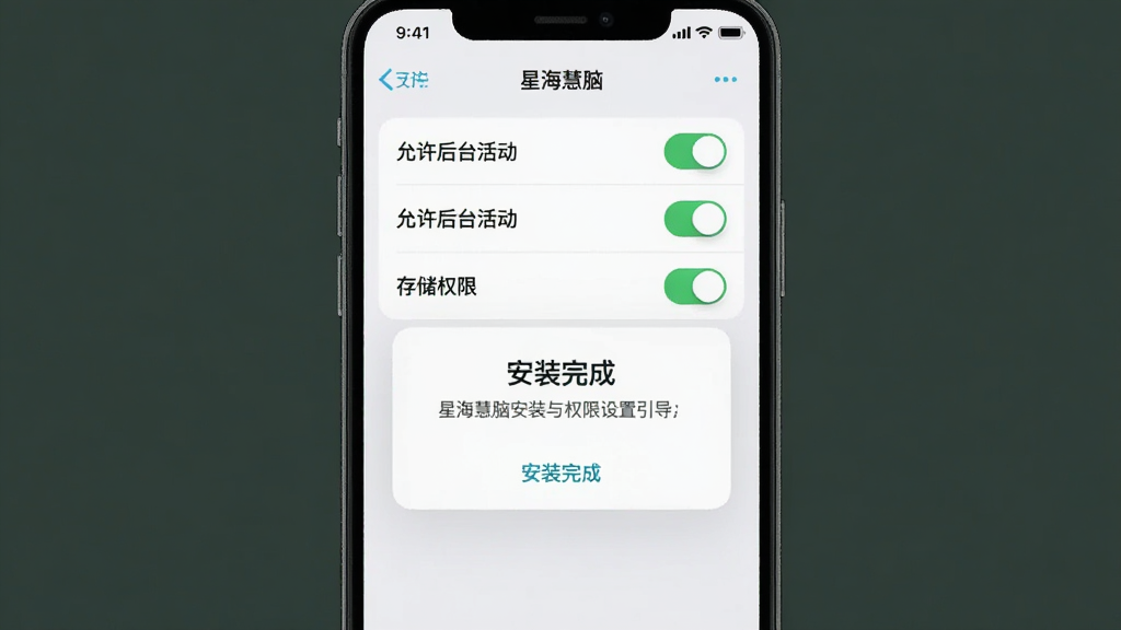 一张表现「星海慧脑」安装与权限设置引导的手机截图风格示意图,画面主体为权限开关列表与安装完成提示弹窗,布局上下结构、重点突出,风格清爽浅色,细节包含「允许后台活动」「存储权限」文字标签与对勾图标,画质清晰干净、无多余元素