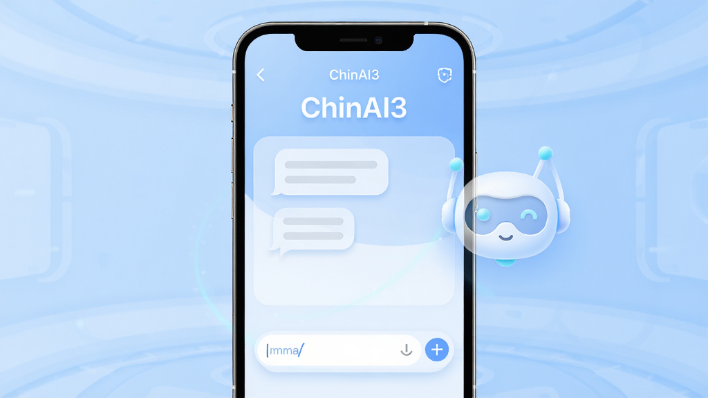 手机屏幕中央展示“ChinAI3”软件主界面,左侧为对话气泡与输入框,右侧悬浮智能助手图标,背景为浅蓝渐变科技感空间,布局简洁居中,排版上下分区清晰,风格现代扁平化,细节包含圆角卡片、柔和阴影、淡光效,画质高清,干净,无多余元素