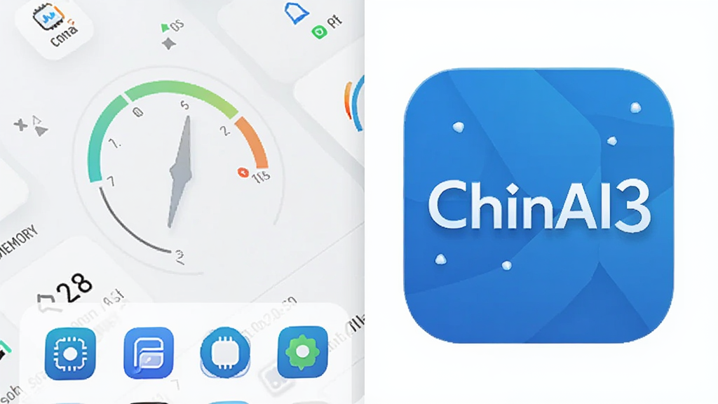手机性能监控界面与“ChinAI3”图标同框,界面显示低内存占用与流畅运行指标,布局为上下结构,排版简洁,风格科技感浅色系,细节包含仪表盘图形、绿色状态标识、软件图标,画质高清,干净,无多余元素