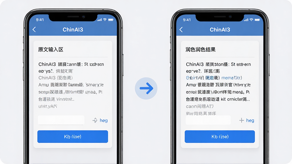 两部手机并排展示“ChinAI3”文本处理界面,左侧为原文输入区,右侧为润色结果区,中间有转换箭头图标,布局左右对照,排版清晰,风格商务简洁,细节包含浅灰卡片、蓝色强调按钮、文字行距舒适,画质高清,干净,无多余元素