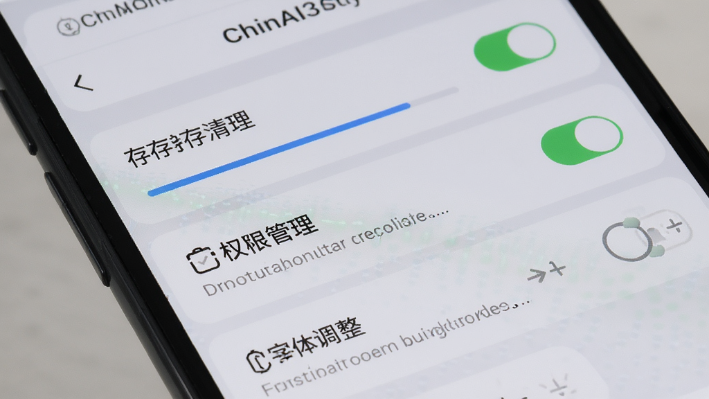 手机屏幕展示“ChinAI3”设置页面,包含缓存清理、权限管理、字体调整选项,布局为纵向列表,排版清晰,风格浅灰质感,细节有开关按钮、进度条、提示文字,画质高清,干净,无多余元素