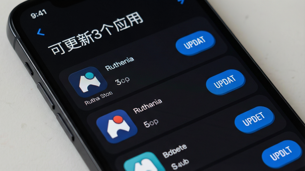 手机屏幕特写展示Ruthenia Store的更新管理页面,列表中有多个应用图标与更新按钮,顶部显示“可更新3个应用”字样,界面为深色主题配蓝色高亮,风格清爽,画质细腻无杂乱