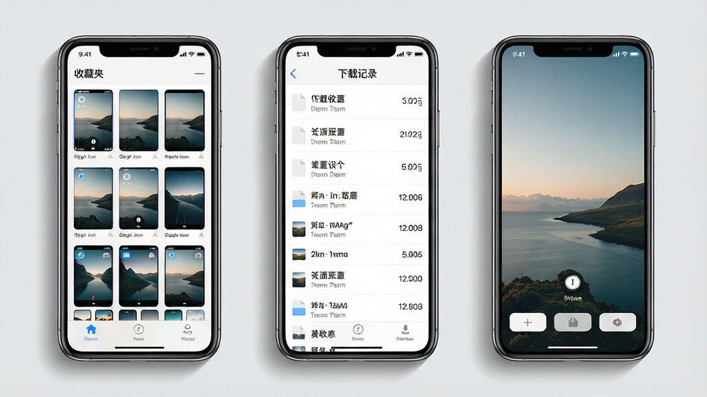一张手机应用功能展示图,画面中并排展示三部手机,从左到右分别呈现oi壁纸的收藏夹界面、下载记录列表界面和壁纸全屏预览界面,收藏夹界面显示网格排列的已收藏壁纸缩略图,下载记录界面显示文件名与大小列表,预览界面显示一张风景壁纸和底部三个操作按钮,背景为浅灰色纯色,风格为简洁的产品功能展示风格,细节上三部手机有等距排列和统一阴影,画质清晰,画面干净无多余文字装饰