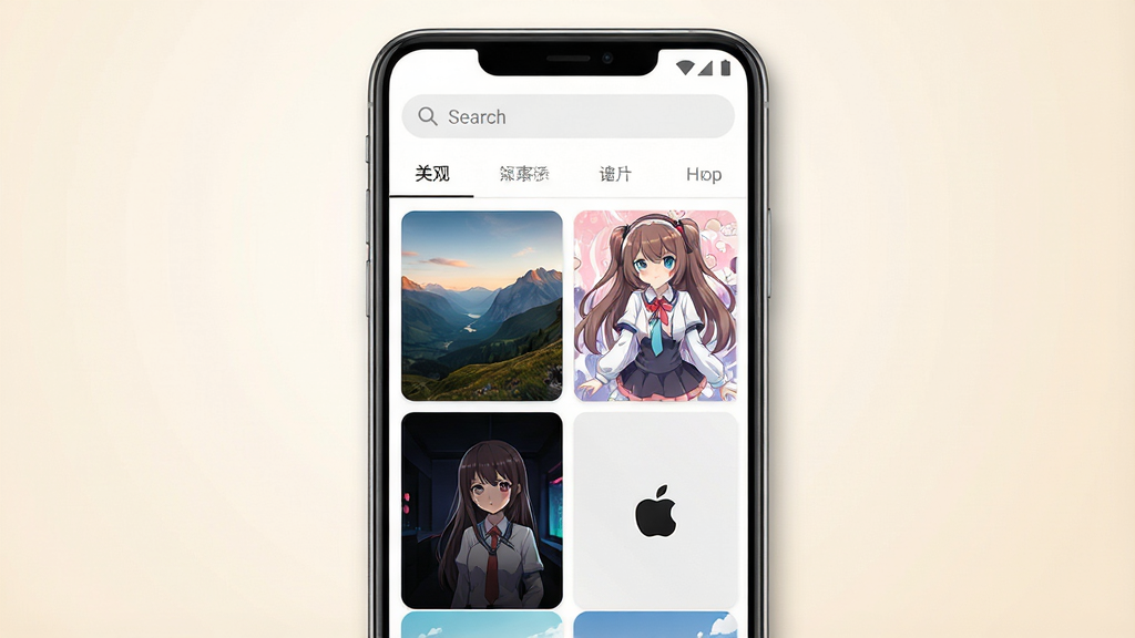 一张手机应用界面展示图,画面中央是一部竖向摆放的安卓手机,手机屏幕上显示着oi壁纸APP的主页界面,顶部有搜索栏和分类标签,下方是两列瀑布流排列的高清壁纸缩略图,包含风景、动漫、极简三种风格各两张,界面整体采用白色与浅灰色搭配的清爽配色,背景为干净的浅米色渐变,风格为现代扁平化UI展示风格,细节上手机边缘有轻微阴影增强立体感,画质清晰锐利,画面干净整洁无多余元素