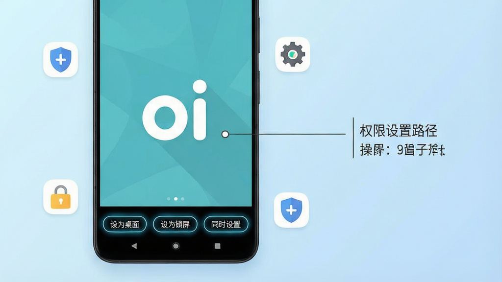 一张手机应用操作示意图,画面展示一部安卓手机屏幕,屏幕上显示oi壁纸的全屏预览界面,底部三个按钮分别为“设为桌面”“设为锁屏”“同时设置”,画面右侧用简洁的线条标注出权限设置路径示意,背景为浅蓝色渐变,风格为扁平化操作指引图,细节上按钮有轻微高亮描边,手机周围有少量图标点缀表示权限与存储,画质清晰,画面干净无杂乱文字