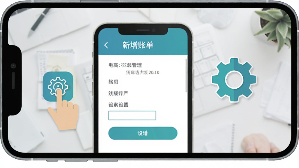 电水费账单管理软件操作引导画面,手机屏幕显示新增账单的填写表单,旁边有手指点击图标和设置齿轮,背景为浅灰桌面环境,扁平化风格,蓝绿色调,布局简洁,细节清晰,画质干净