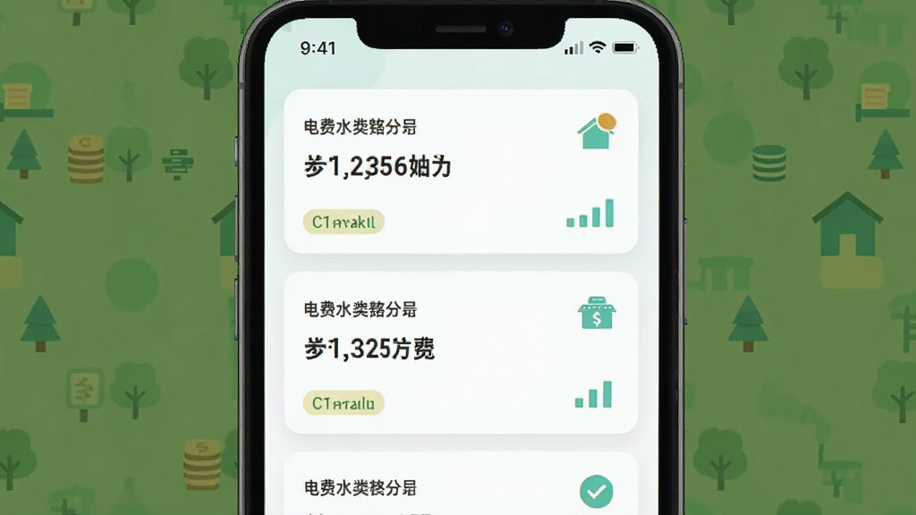 电水费账单管理多账套管理功能展示,手机屏幕中显示多个房屋账套卡片,每个卡片标注电费水费金额,旁边有分类标签和统计图标,整体为清新浅色风格,扁平插画,布局层次分明,画质干净高清