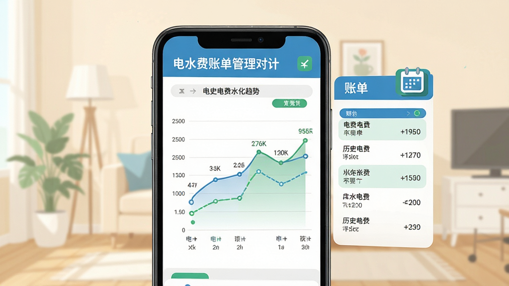 电水费账单管理软件界面展示,画面主体为手机屏幕上的历史账单对比图表,折线图清晰显示每月电费水费变化趋势,旁边配有账单列表和日历图标,背景为浅色居家环境,扁平化设计风格,蓝绿配色,布局规整,细节精致,画质清晰干净