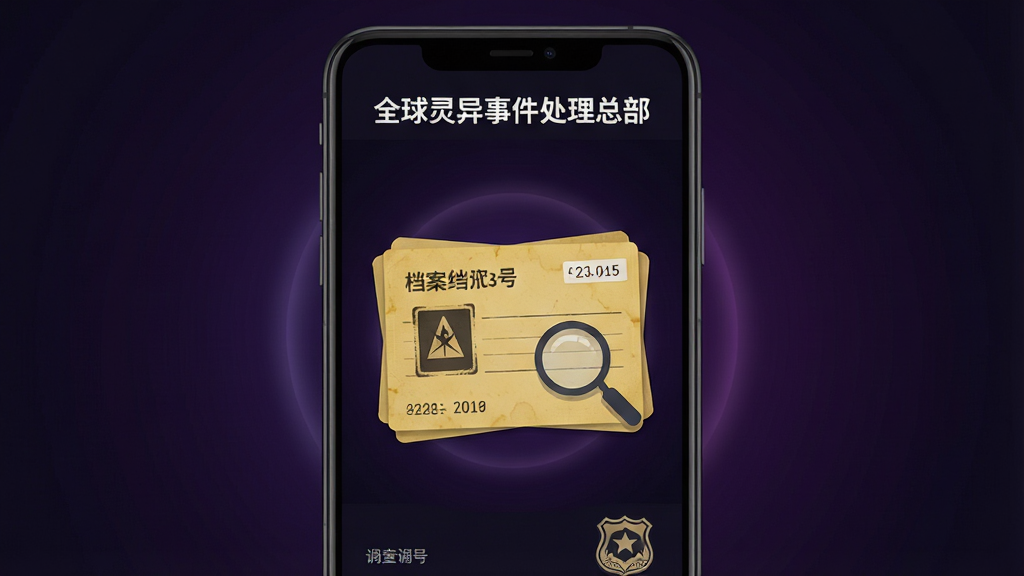 画面主体为一部竖屏安卓手机,手机屏幕内展示深色神秘风格的APP界面,界面顶部有“全球灵异事件处理总部”字样,中部为一张泛黄的灵异档案卡片与放大镜图标,背景为暗紫色渐变与微弱光晕,布局居中对称,风格为暗黑悬疑扁平化设计,细节包含纸张纹理、档案编号、调查员徽章,画质清晰干净无多余元素