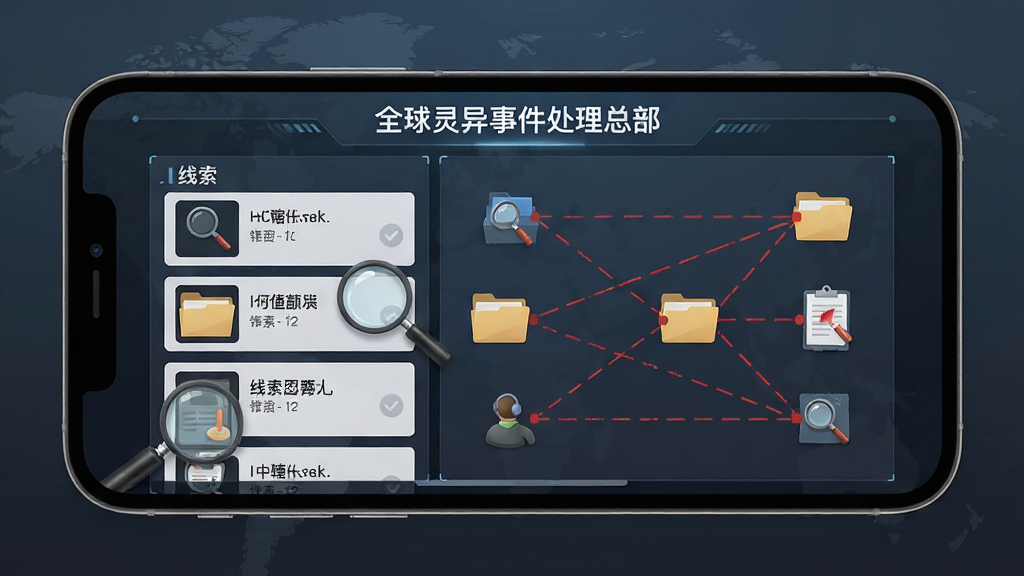 画面主体为一部手机横屏展示推理面板界面,屏幕内有“全球灵异事件处理总部”标题,面板分为左右两栏,左侧为线索卡片列表,右侧为线索关联连线图,背景为深蓝灰渐变,布局清晰规整,风格为科技悬疑风,细节包含放大镜、档案夹、红色标记线,画质干净清晰无多余元素