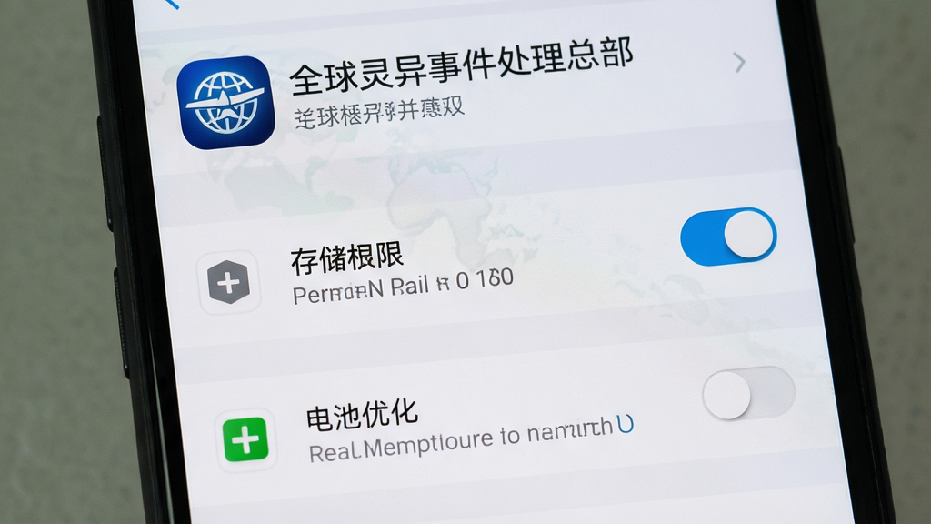 画面主体为一部手机屏幕展示权限设置界面,界面顶部有“全球灵异事件处理总部”应用图标,下方为存储权限开关与电池优化选项,背景为浅灰色系统设置风格,布局为竖排列表,风格为简洁实用风,细节包含权限图标、开关按钮、提示文字,画质清晰干净无多余元素