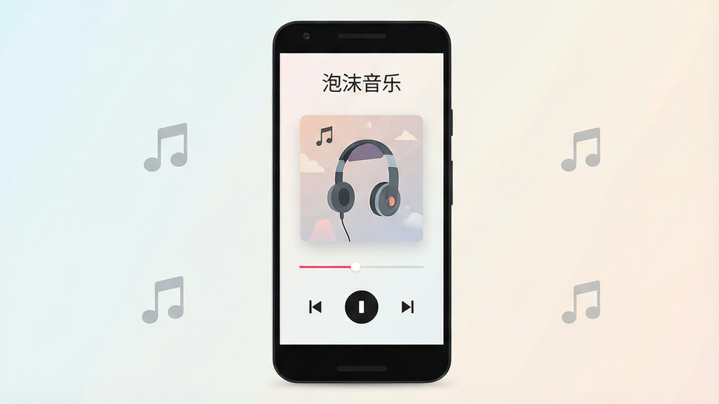 一部安卓手机屏幕中央显示简洁音乐播放界面,顶部有“泡沫音乐”文字标题,中部是专辑封面与播放进度条,底部为播放控制按钮,背景为浅色渐变,整体布局干净清爽,扁平化设计风格,细节包含音符图标与耳机元素,高清画质,画面干净,无多余元素