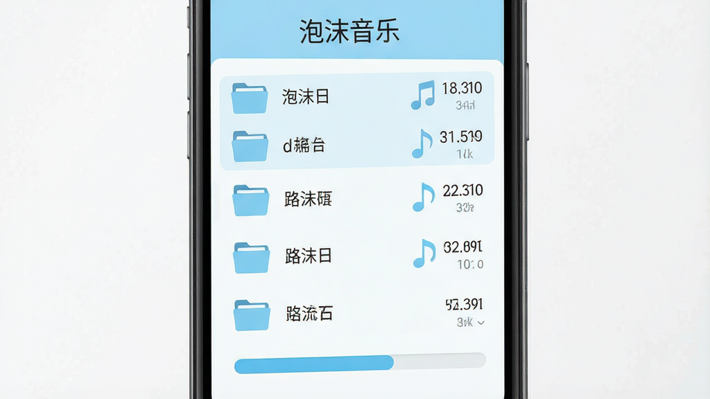 手机屏幕显示音乐文件扫描进度界面,上方有“泡沫音乐”字样,中部为文件夹列表与歌曲数量统计,下方为扫描进度条,界面配色为浅蓝与白色,布局简洁,扁平化图标风格,细节包含音符与文件夹图标,高清画质,画面干净,无多余元素