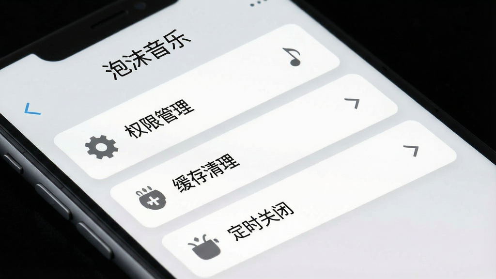 手机屏幕显示音乐播放设置界面,包含权限管理、缓存清理、定时关闭等选项列表,顶部有“泡沫音乐”文字,界面为浅灰底色搭配白色卡片,布局清晰,扁平化风格,细节包含齿轮与音符图标,高清画质,画面干净,无多余元素