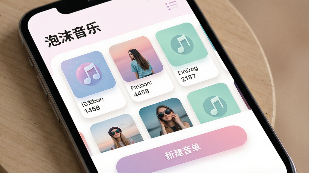 手机屏幕展示歌单管理界面,顶部有“泡沫音乐”文字,中部为多个歌单卡片排列,每个卡片带有封面缩略图与歌曲数量,底部有新建歌单按钮,界面采用柔和圆角卡片设计,配色清新,细节包含音符与列表图标,高清画质,画面干净,无多余元素