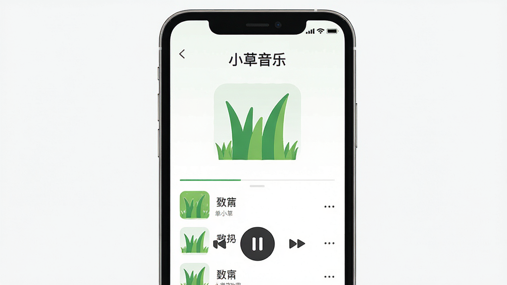 主体是一部智能手机屏幕显示小草音乐播放界面,布局为居中展示手机正面,上方有软件名称文字“小草音乐”,排版简洁,风格为清爽扁平化设计,细节包含播放按钮、歌单列表与绿色小草图标元素,画质高清干净无多余元素