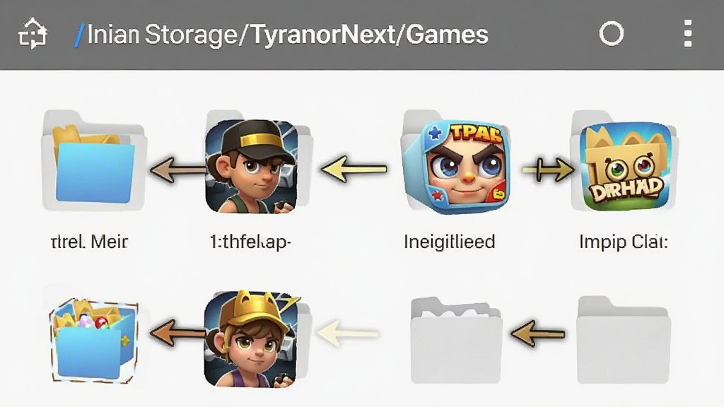 一张展示手机文件管理器的图片,路径显示为内部存储/TyranorNext/Games,文件夹内包含多个游戏目录,界面简洁,带有操作指引箭头,画质清晰