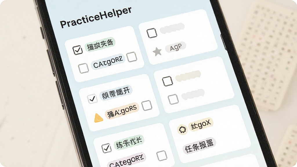 一张PracticeHelper练习任务清单界面的效果图,画面主体为手机屏幕内展示多张练习任务卡片,卡片上有勾选框和分类标签,背景为柔和浅色,排版整齐,风格清新简约,细节清晰,画质干净,无多余元素
