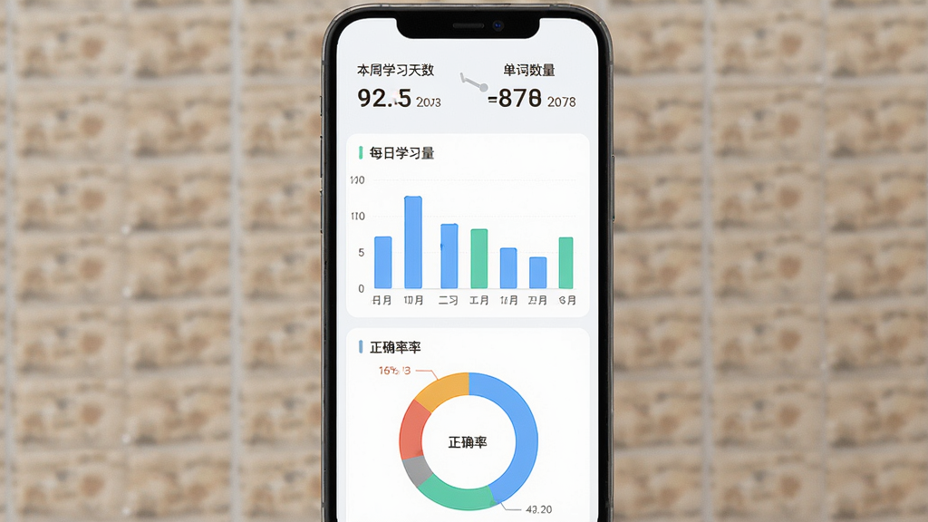 百词英语应用内学习数据统计页面,页面顶部显示本周学习天数与单词数量,中部为柱状图展示每日学习量,下方为正确率环形图,界面风格清爽浅色,布局整齐,文字清晰,画质干净,无多余装饰元素