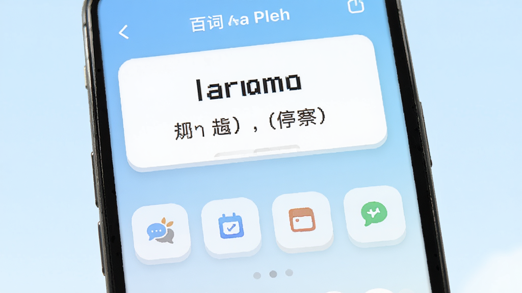 手机屏幕中央展示百词英语应用界面,上方为单词卡片区域显示英文单词与中文释义,下方为四个功能按钮排列整齐,背景为淡蓝色渐变,整体风格清新简洁,画面干净无多余元素,高清画质,UI设计展示图