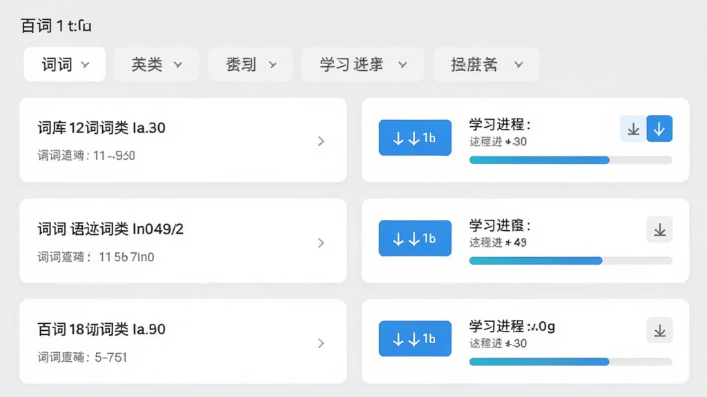 百词英语应用内词库管理界面截图,页面列出多个词库分类标签,每个词库右侧显示下载按钮与学习进度条,界面采用浅灰色背景与白色卡片设计,排版清晰整洁,画质干净,无多余元素