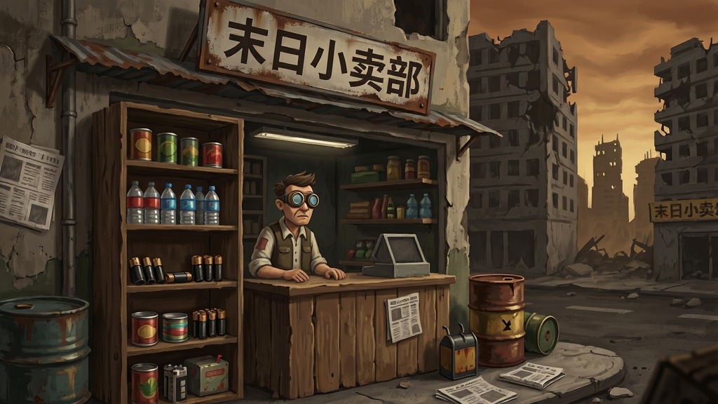 画面主体为一间开在废墟街道旁的小卖部,木质货架上摆放着罐头、瓶装水和旧电池,柜台后站着一位戴护目镜的店主,店外是残破的高楼与昏黄天空,布局上小卖部位于画面中央偏左,右侧留出街道纵深,排版采用竖版构图,风格为暗黑写实废土插画,细节包括斑驳墙面、生锈铁皮招牌、散落的报纸与油桶,画质清晰干净,画面中招牌文字为“末日小卖部”,整体无多余装饰元素