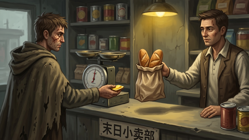 画面主体为小卖部柜台前的交易场景,一名裹着破旧斗篷的顾客正把一小块黄金放在柜台上,店主伸手递出一袋面包,布局上两人分列画面左右,柜台横贯中部,排版为横版,风格为废土写实叙事插画,细节包括柜台上的老式秤、货架上的罐头、暖黄灯光、顾客脸上的风霜痕迹,画质清晰干净,画面中柜台小牌文字为“末日小卖部”,无多余装饰
