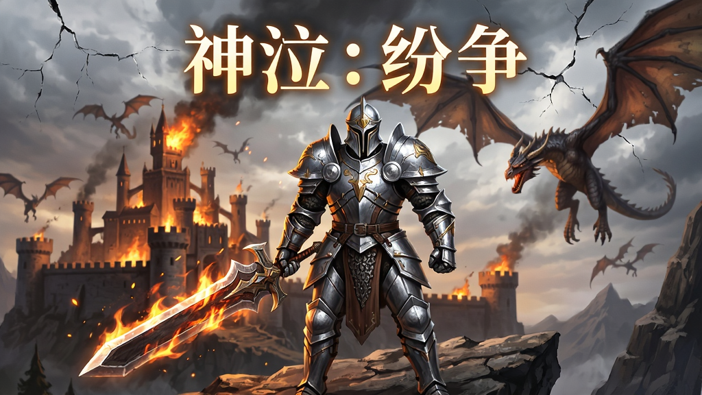 画面主体为一位身披银色重甲的魔幻战士手持发光巨剑站在悬崖边,背后是燃烧的城堡与翱翔的巨龙,布局采用居中构图突出人物,上方留白处用发光字体写