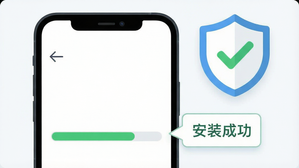 画面主体为一部智能手机屏幕显示游戏安装进度条,旁边放置一个打勾的盾牌图标象征安全安装,布局为手机居中、图标悬浮右上角,排版为教程示意图风格,风格清爽扁平化,细节包含绿色进度条、