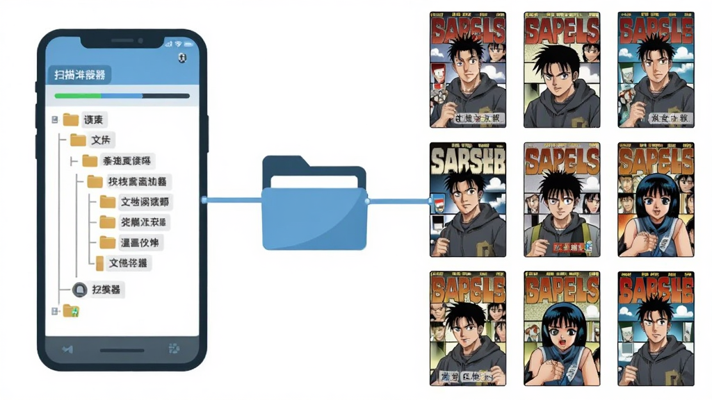 一张表现漫画阅读器自动扫描本地文件夹的示意图,画面主体为手机与文件夹图标之间的连接线,布局左侧是文件夹树状结构,右侧是排列整齐的漫画封面缩略图,风格为扁平插画,细节包含扫描进度条与文件夹标签,画质清晰干净无多余元素