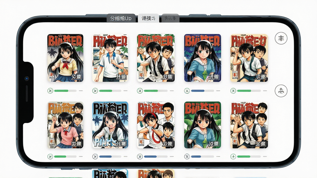 漫画阅读器书架管理界面示意图,画面主体为手机屏幕中的书架网格布局,每个格子显示漫画封面与阅读进度条,布局整齐,风格为清新扁平化设计,细节包含分组标签与排序按钮,画质干净清晰无多余元素