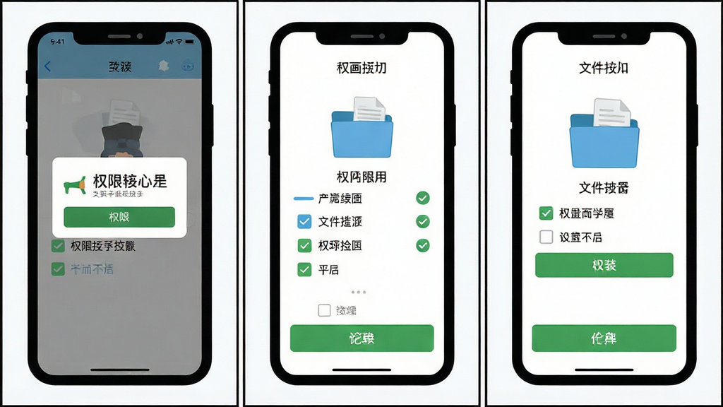 一张漫画阅读器安装设置流程示意图,画面主体为手机屏幕分步展示权限授予与文件夹选择界面,布局为三格分镜排列,风格为简洁扁平化教程插画,细节包含权限弹窗、文件夹勾选框和确认按钮,画质清晰干净无多余元素