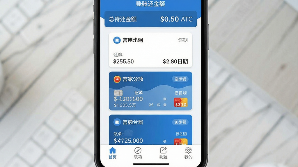 一张手机屏幕展示信用卡小管家应用主界面,画面中央是多张信用卡卡片纵向排列的账单总览视图,每张卡片显示银行名称、账单金额与还款日期,界面顶部有总待还金额汇总栏,底部为功能导航栏,整体采用蓝白配色,扁平化设计风格,画面干净整洁,无多余装饰元素,高清画质,手机UI界面展示图