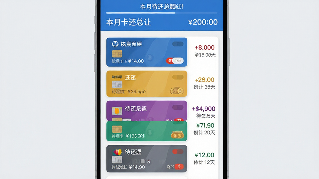 信用卡小管家应用内多卡账单聚合界面,画面展示五张不同颜色的信用卡卡片以纵向列表排列,每张卡片标注银行名称与待还金额,卡片右侧显示还款倒计时天数,界面背景为浅灰色,顶部有本月待还总额统计条,整体风格简约商务,蓝白灰主色调,扁平化图标设计,画面干净清晰,无杂乱元素,高清UI展示图