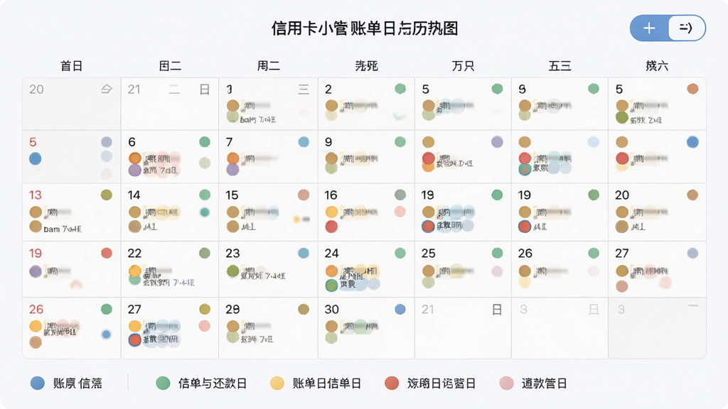 信用卡小管家账单日历视图界面,画面展示一个月历网格,每个日期格内分布着不同颜色的圆点标记,代表不同银行信用卡的账单日与还款日,日历下方有颜色图例说明,界面顶部显示当前月份与切换按钮,整体采用浅色背景搭配彩色标记点,风格清新简洁,排版规整,画面干净无杂乱,高清UI界面展示图