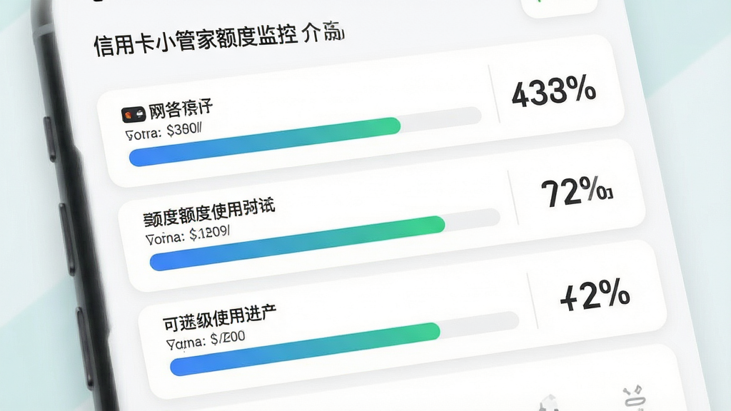 信用卡小管家额度监控界面,画面展示三张信用卡的额度使用进度条,每条进度条上方标注卡片名称与可用额度数值,进度条以蓝绿色渐变填充表示已用比例,界面右侧有百分比数字显示,背景为白色卡片式布局,整体风格清爽简约,信息层级分明,画面干净整洁,高清手机应用界面展示图