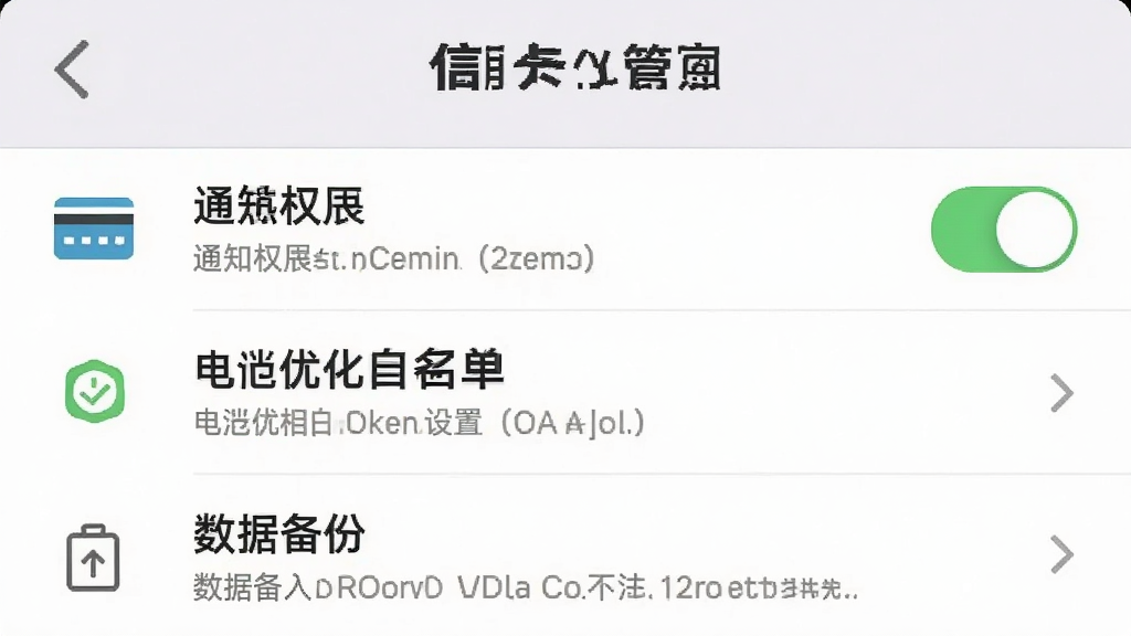 信用卡小管家应用设置页面截图,画面展示通知权限开关、电池优化白名单设置项与数据备份入口,界面采用列表式布局,每项配有图标与说明文字,背景为浅灰白色,整体风格素雅简洁,信息排列整齐,画面干净无多余装饰,高清手机设置界面展示图