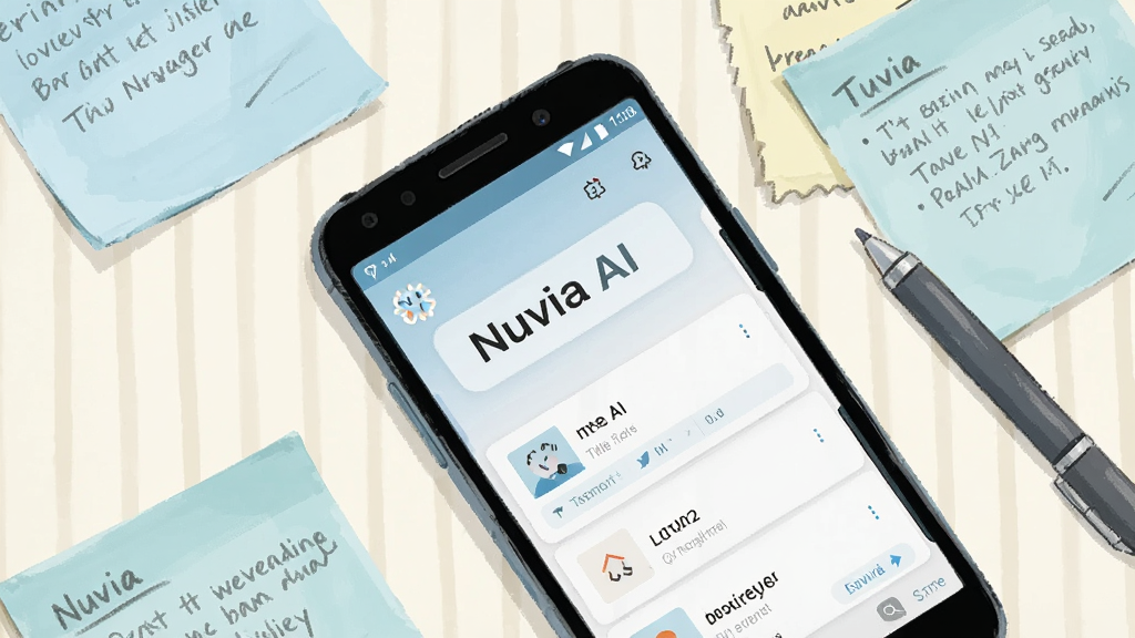 �����ӽǵ����泡����һ̨��׿�ֻ���Ļ��ʾ��Nuvia AI�����ı��������棬��Ļ�Ա�ɢ�伸��д�����ֵı�ǩֽ��һ֧�ʣ�����������������Ĳ廭���ɫ����ǳ�����װ�Ϊ���������������£�ϸ�����������ʸɾ�