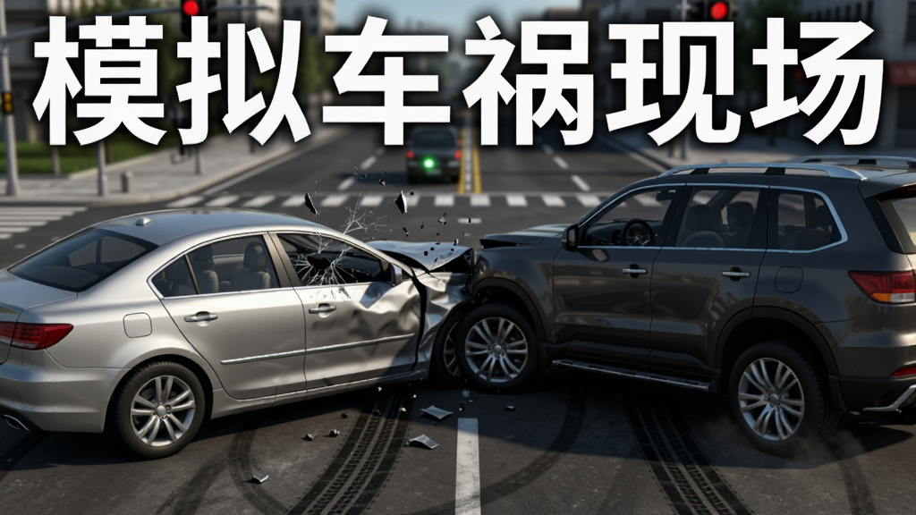 画面中央是一辆银色轿车与一辆深色SUV在十字路口发生侧面碰撞的瞬间,车身碎片飞溅,地面有轮胎摩擦痕迹,背景是城市道路与红绿灯,整体采用写实三维渲染风格,光影层次分明,细节刻画车身凹陷与玻璃裂纹,画质清晰干净,无多余元素,图片上方用白色粗体字标注“模拟车祸现场”