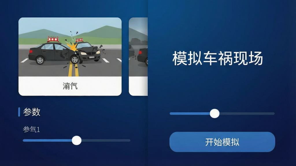 手机界面截图风格,画面展示模拟车祸现场应用的主菜单,包含场景卡片与参数滑块,背景为深蓝色渐变,界面干净整洁,画质清晰,画面中显示文字“模拟车祸现场”与“开始模拟”按钮