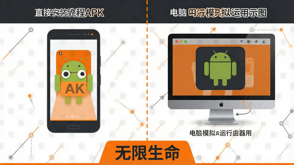 一张分屏对比示意图,左侧是安卓手机直接安装APK的流程图标,右侧是电脑通过模拟器运行安卓应用的示意图,中间用虚线分隔,画面底部有“无限生命”文字标识,整体采用信息图表风格,配色为深灰与亮橙搭配,构图清晰,画质干净