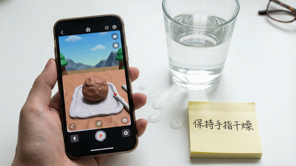 粘土模拟器新手操作示意场景图,画面中手机屏幕显示粘土模拟器界面,旁边放置一杯水与便签纸,便签纸上写着“保持手指干燥”字样,整体布局简洁,风格生活化,细节清晰,画质干净,无多余元素