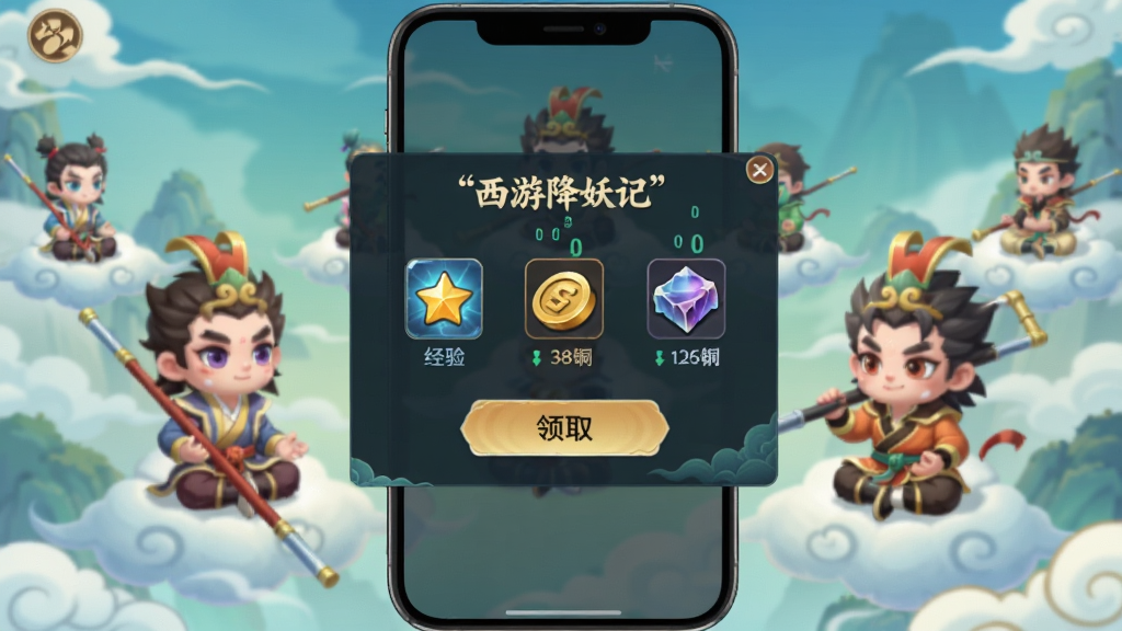 画面为手机屏幕界面,显示挂机收益结算弹窗,包含经验、铜钱、材料图标与领取按钮,背景为Q版西游角色在云上打坐,采用清新国风UI风格,布局为竖屏手机界面居中展示,细节有数值跳动效果,画质清晰干净,界面标题用引号标注“西游降妖记”