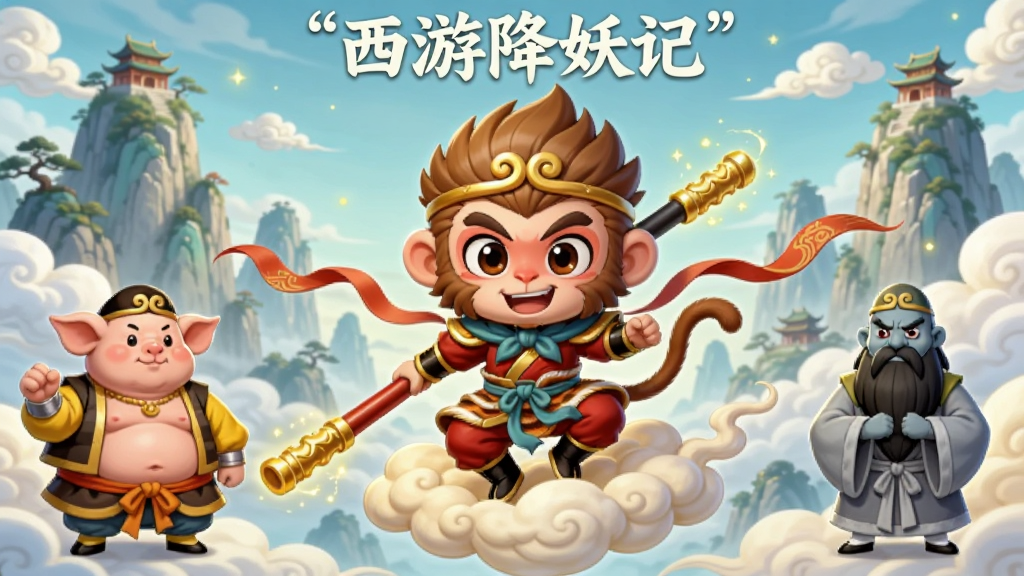 画面中央为Q版孙悟空手持金箍棒腾云驾雾,背景是国风仙山与祥云,左右两侧分别站着猪八戒与沙僧,整体构图对称,采用明快国风卡通风格,细节处有飘带与光效点缀,画质清晰干净,无多余元素,图片上方用引号标注“西游降妖记”