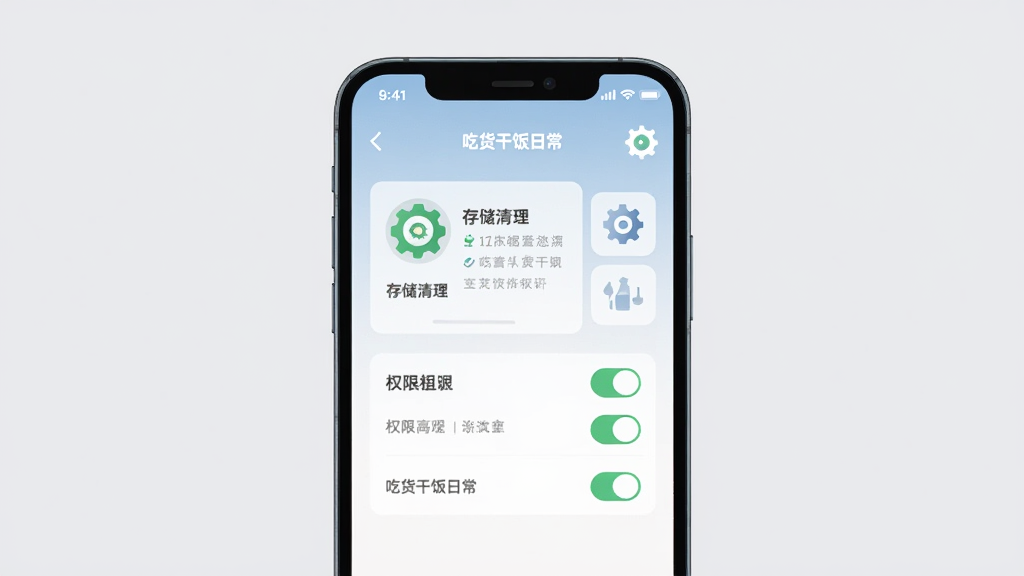 主体为一部手机展示设置与权限管理界面,屏幕内可见存储清理与权限开关选项,布局为正面平视构图,排版上手机居中、背景为浅灰色,风格为简洁的扁平化科技插画,细节包括齿轮图标与“吃货干饭日常”小字标识,画质高清、干净、无多余元素