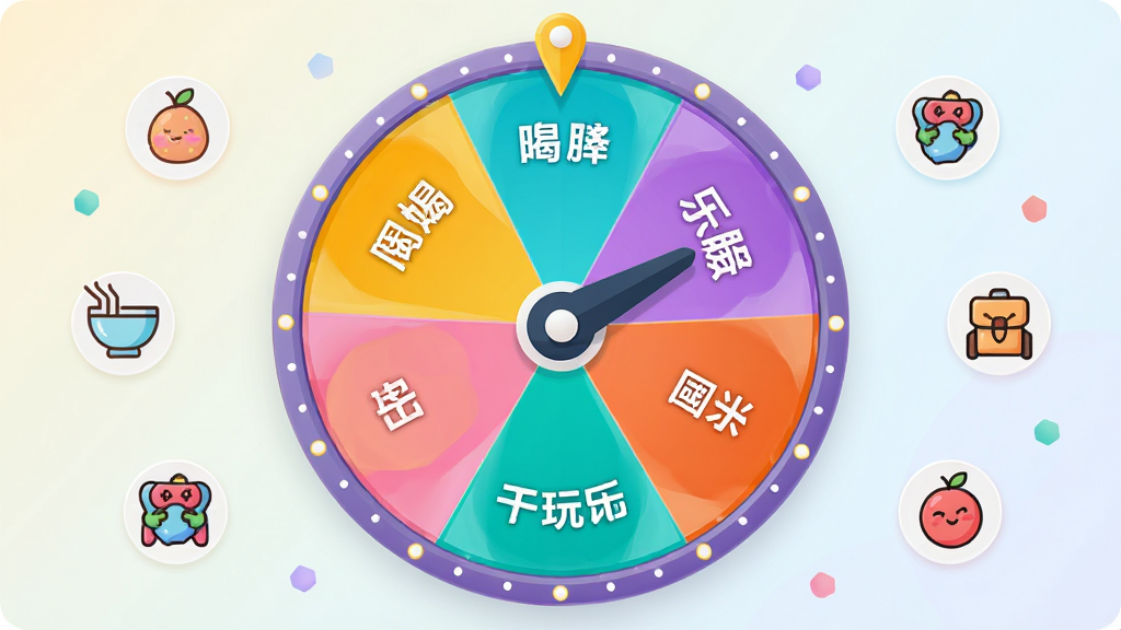 AI转盘帮决定软件主界面展示,画面中央是一个色彩鲜艳的圆形转盘,转盘被划分为多个扇形区域,每个区域写有不同选项文字,转盘指针指向其中一个扇区,背景为简洁的浅色渐变,周围点缀着吃、喝、玩、乐等生活化小图标,整体风格清新活泼,排版居中对称,细节精致,画质清晰,干净无多余元素