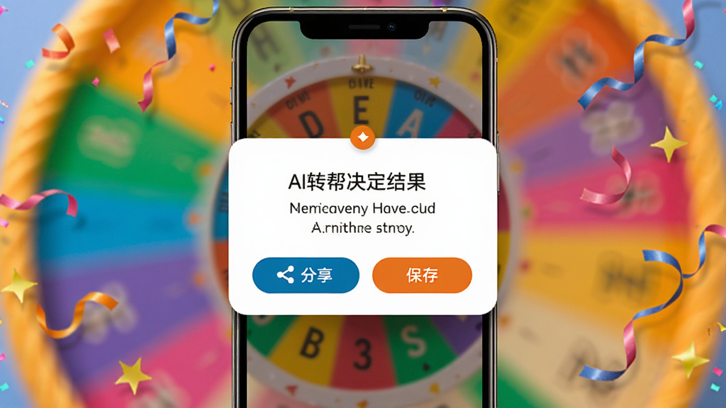 AI转盘帮决定结果分享界面,手机屏幕显示转盘结果弹窗,带有分享按钮和保存按钮,背景有庆祝彩带元素,风格喜庆明快,布局合理,细节到位,画质干净