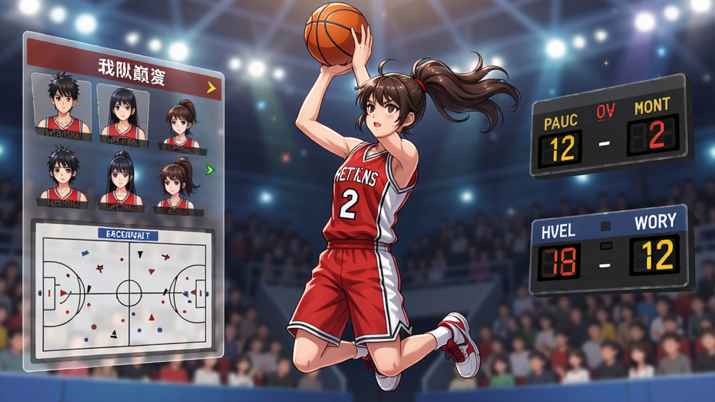 一幅展现篮球少女:飞跃巅峰游戏核心全貌的竖版宣传图,画面主体是一位身穿红白配色篮球服、扎着高马尾的动漫少女正在跃起投篮,背景为灯光璀璨的室内篮球馆,观众席虚化处理,画面左侧以半透明面板展示球队阵容与战术板,右侧呈现比赛计时器与比分牌,整体采用日系热血运动动漫风格,色彩鲜明,细节丰富,画质清晰干净,无多余杂乱元素